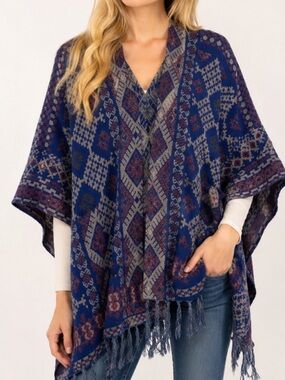 Lama WOOL Blend Poncho One Size BLUE GRAY Lucky Brand